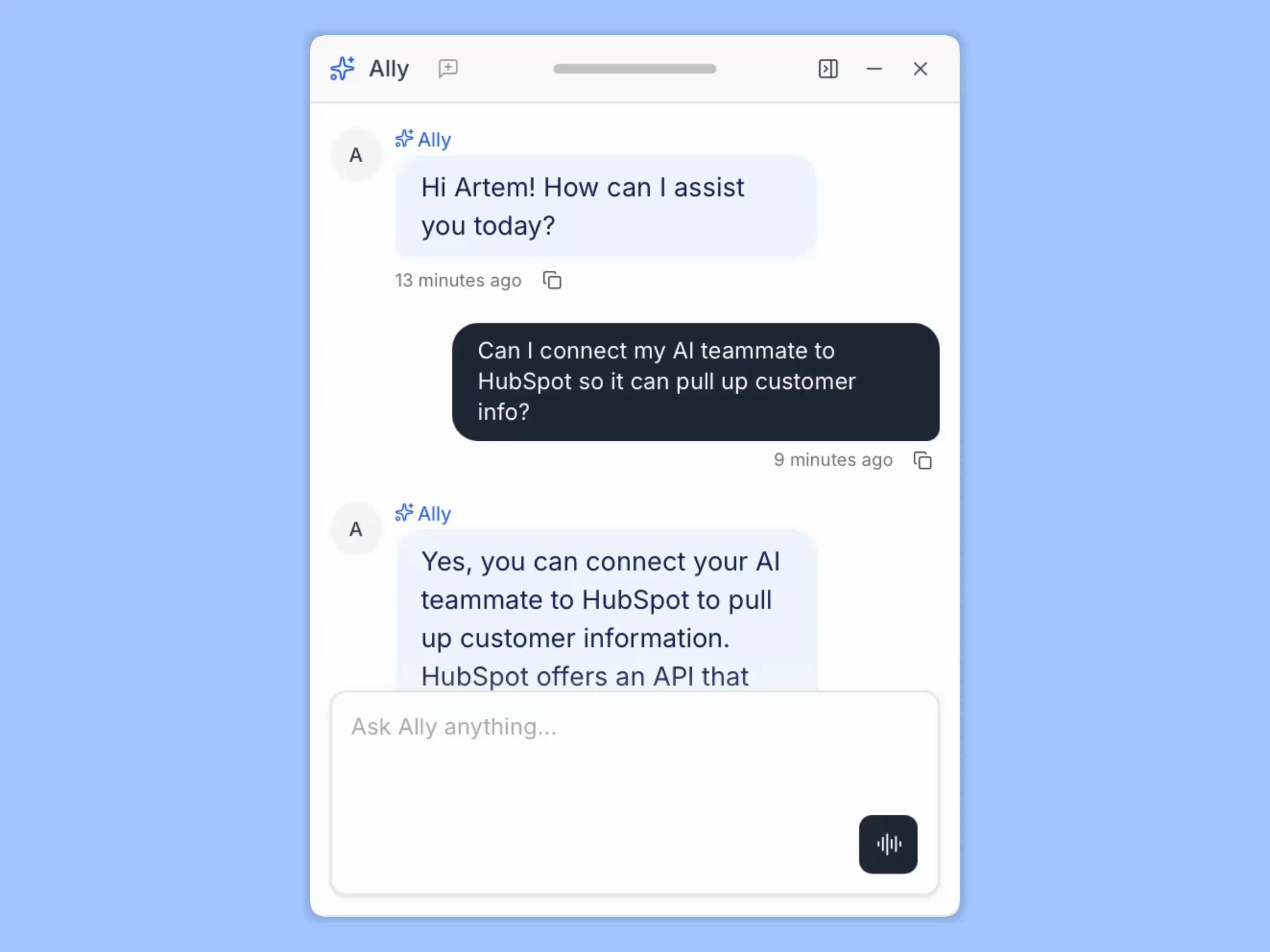 Ally answering a question about connecting AI teammates to HubSpot