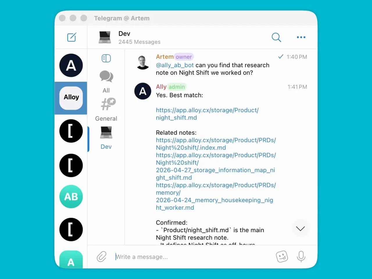 Chat with AI teammates in Telegram